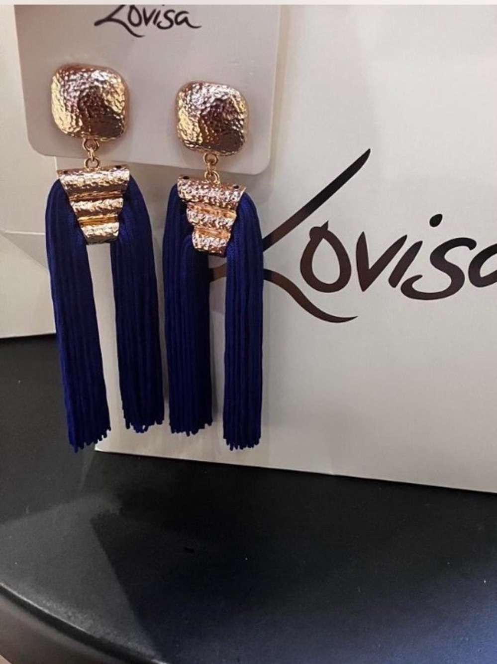 Euro Night Out Inspo Royal Blue Tassel Drop Earrings with Gold Accents